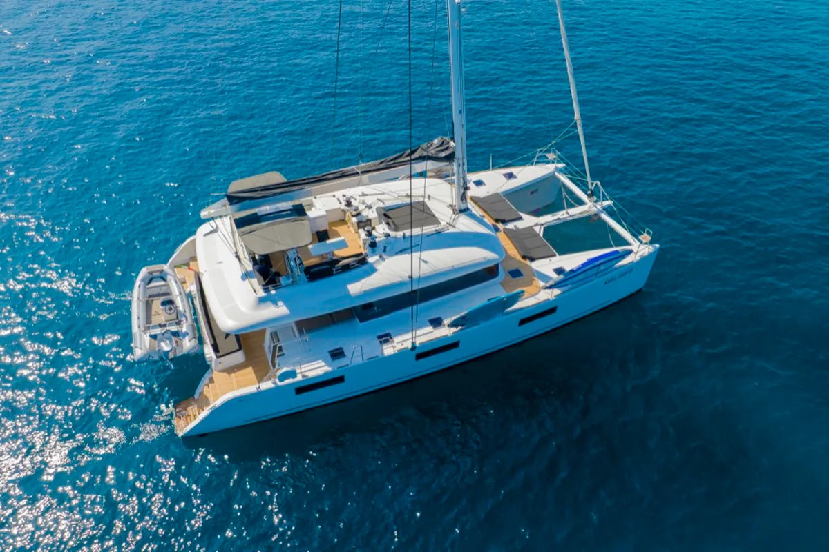 Exterior view of The Sun, a Lagoon 620 catamaran at Olbia, Italy