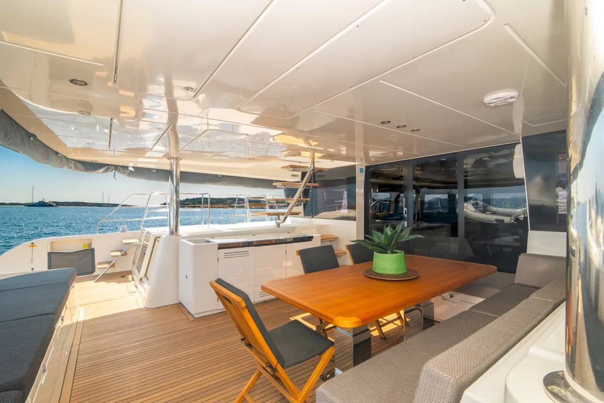 Deck of The Sun, a Lagoon 620 catamaran at Olbia, Italy