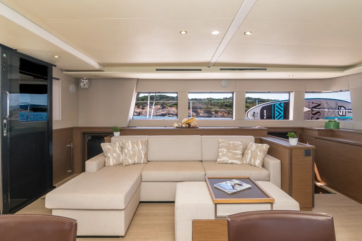 Salon of The Sun, a Lagoon 620 catamaran at Olbia, Italy