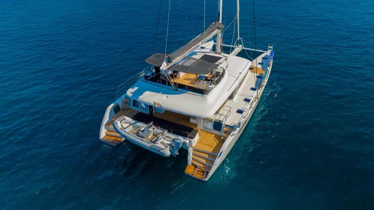 Exterior view of The Sun, a Lagoon 620 catamaran at Olbia, Italy