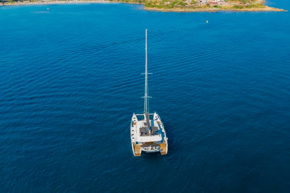 Exterior view of The Sun, a Lagoon 620 catamaran at Olbia, Italy