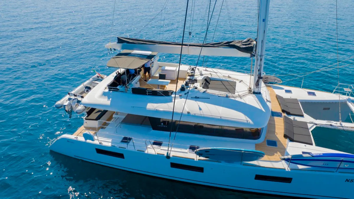 Exterior view of The Sun, a Lagoon 620 catamaran at Olbia, Italy