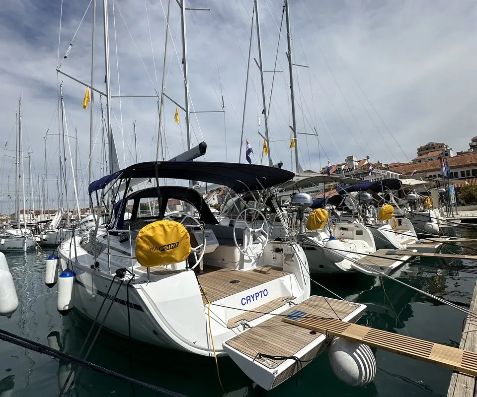 Exterior view of Crypto, a Bavaria Cruiser 37 sailboat at Split, Croatia
