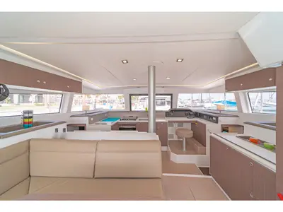 Salon of Crystal Waters, a Bali 4.1 catamaran at Kos, Greece