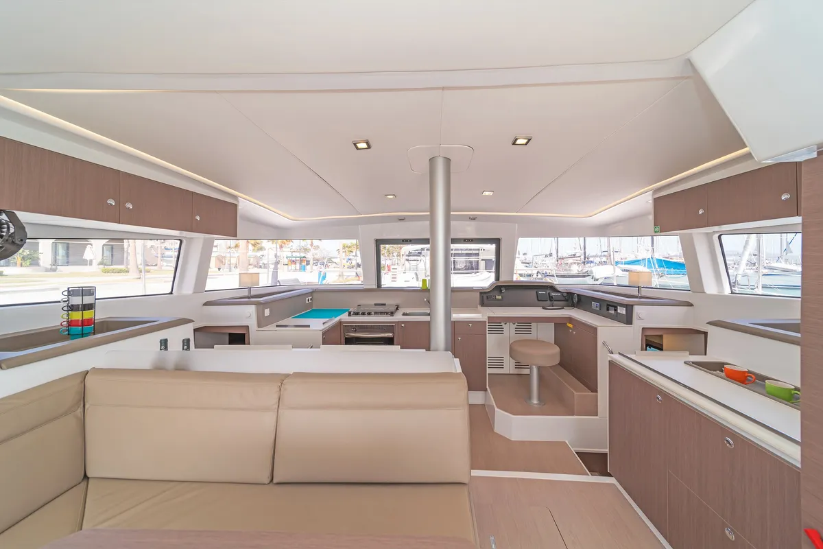 Salon of Crystal Waters, a Bali 4.1 catamaran at Kos, Greece