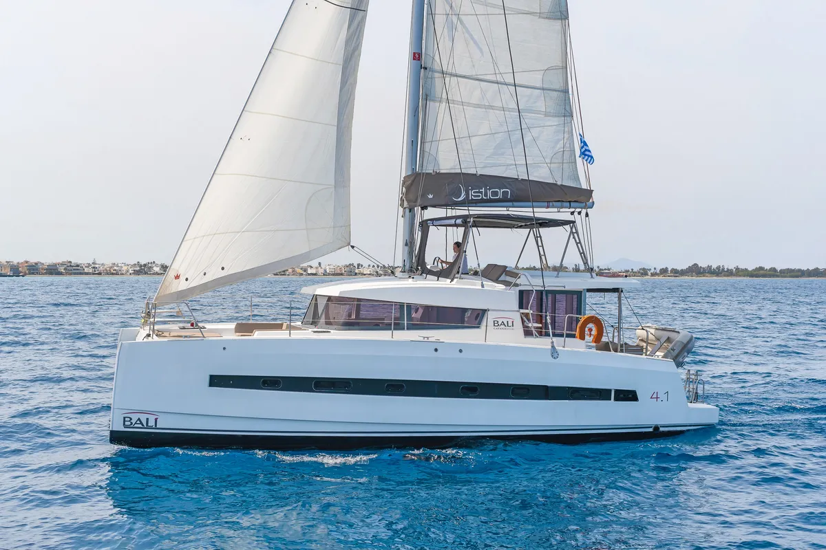 Exterior view of Crystal Waters, a Bali 4.1 catamaran at Kos, Greece