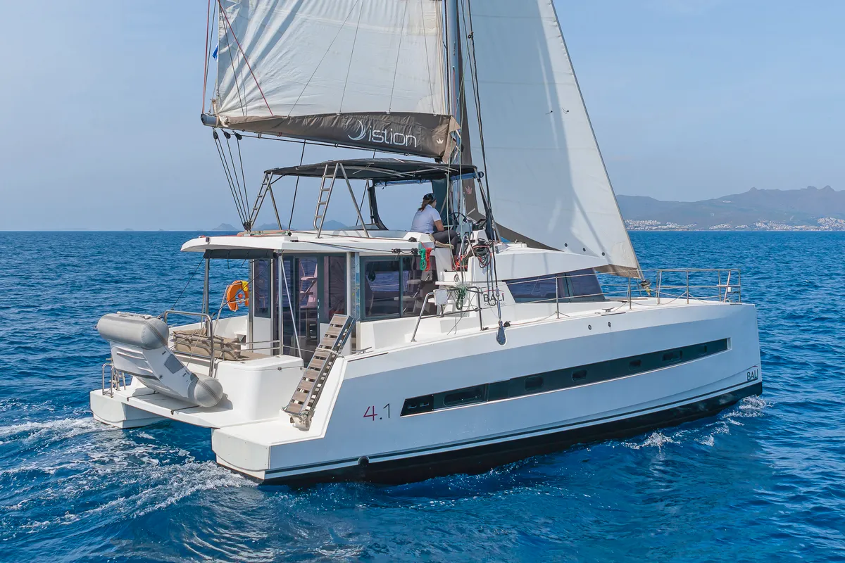 Exterior view of Crystal Waters, a Bali 4.1 catamaran at Kos, Greece