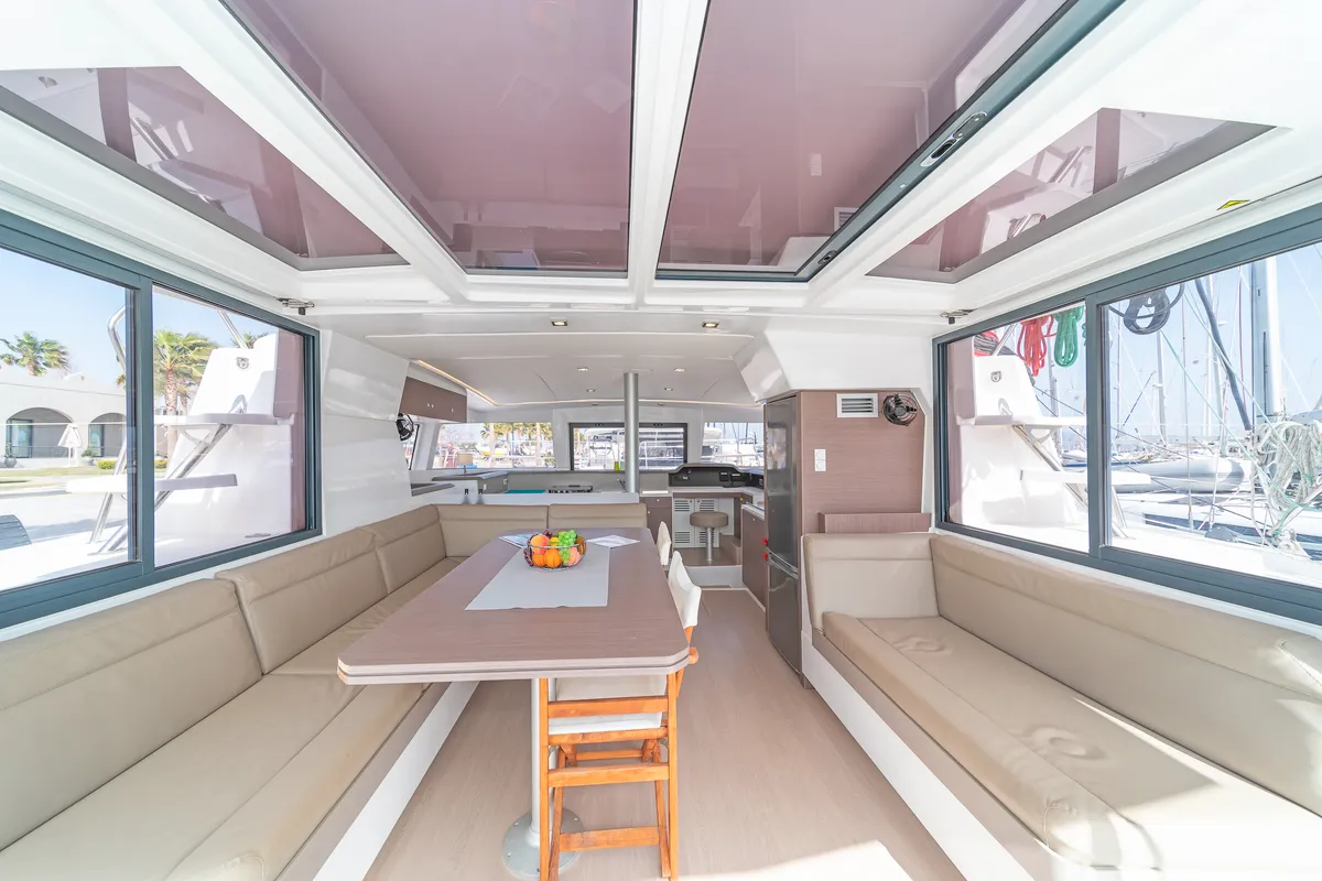 Salon of Crystal Waters, a Bali 4.1 catamaran at Kos, Greece