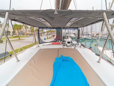 Deck of Crystal Waters, a Bali 4.1 catamaran at Kos, Greece