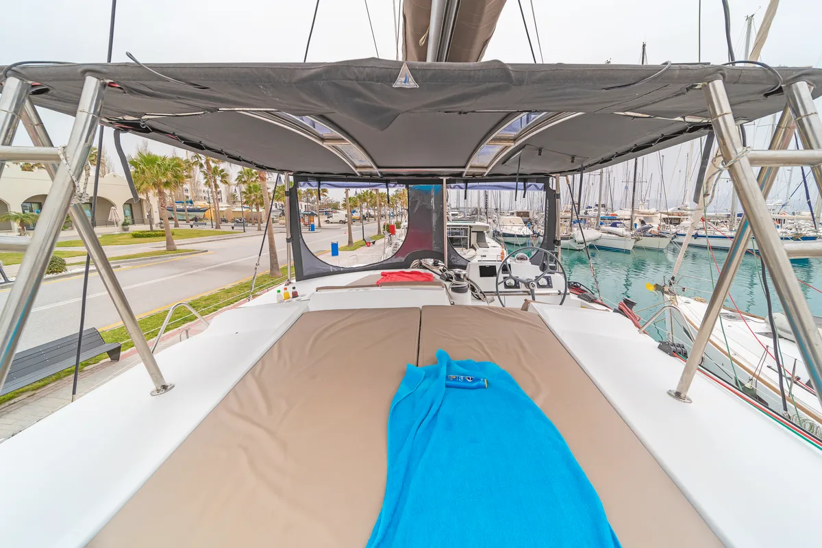 Deck of Crystal Waters, a Bali 4.1 catamaran at Kos, Greece