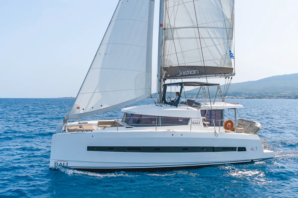 Exterior view of Crystal Waters, a Bali 4.1 catamaran at Kos, Greece