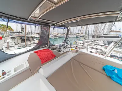 Cockpit of Crystal Waters, a Bali 4.1 catamaran at Kos, Greece