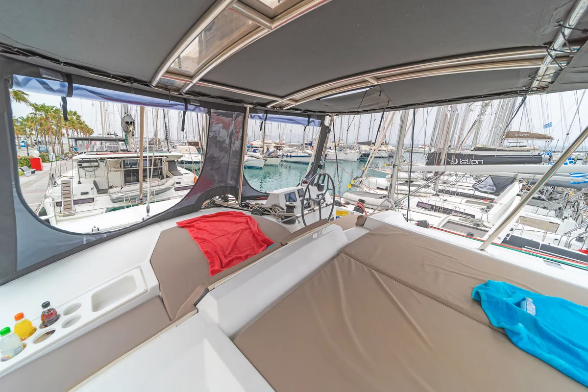 Cockpit of Crystal Waters, a Bali 4.1 catamaran at Kos, Greece