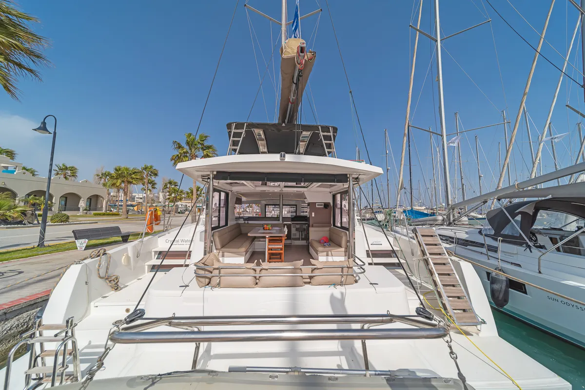 Deck of Crystal Waters, a Bali 4.1 catamaran at Kos, Greece