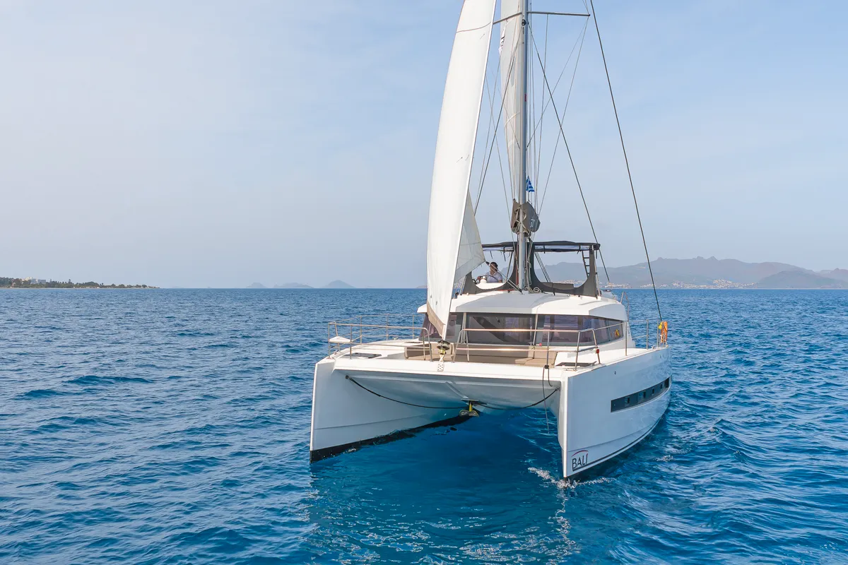 Exterior view of Crystal Waters, a Bali 4.1 catamaran at Kos, Greece