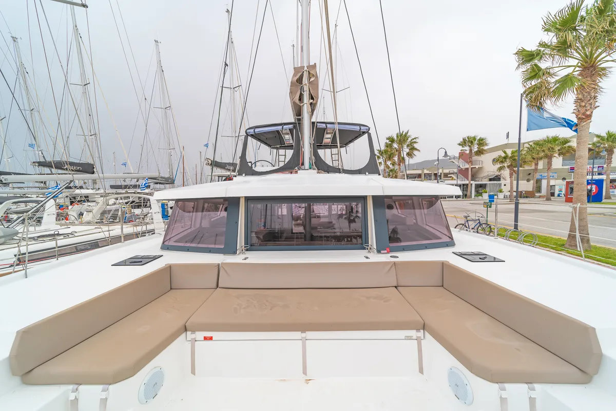 Deck of Crystal Waters, a Bali 4.1 catamaran at Kos, Greece