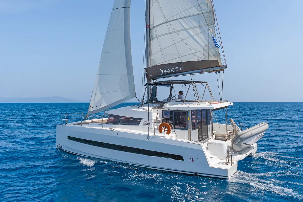 Exterior view of Crystal Waters, a Bali 4.1 catamaran at Kos, Greece