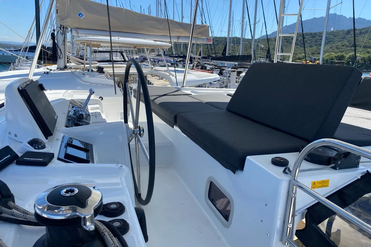 Cockpit of Hercules, a Lagoon 46 catamaran at St. George's, Grenada