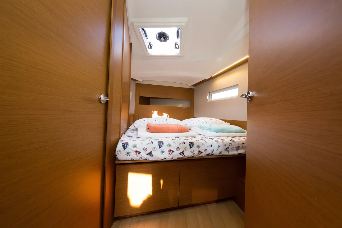 Head on Jeanneau Sun Odyssey 410, a sailboat at Fethiye, Turkey