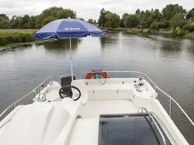 Cockpit of Consul, a Cygnet Consul motorboat at Rheinsberg, Germany
