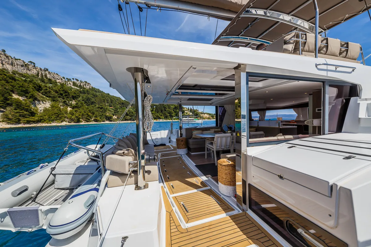 Deck of Nouvelle Lune, a Bali 4.6 catamaran at Dubrovnik, Croatia