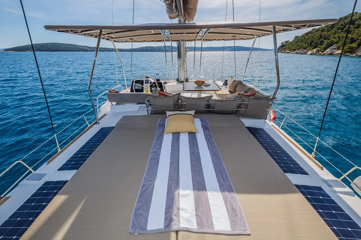 Deck of Nouvelle Lune, a Bali 4.6 catamaran at Dubrovnik, Croatia