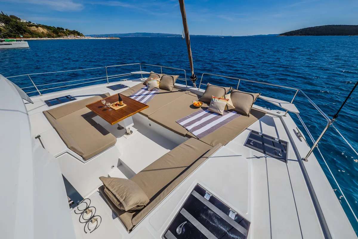 Deck of Nouvelle Lune, a Bali 4.6 catamaran at Dubrovnik, Croatia