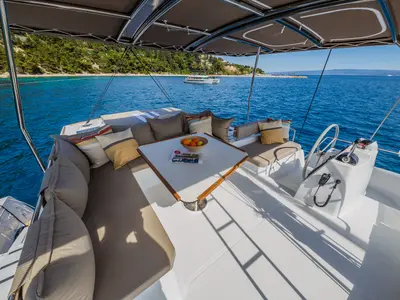 Cockpit of Nouvelle Lune, a Bali 4.6 catamaran at Dubrovnik, Croatia