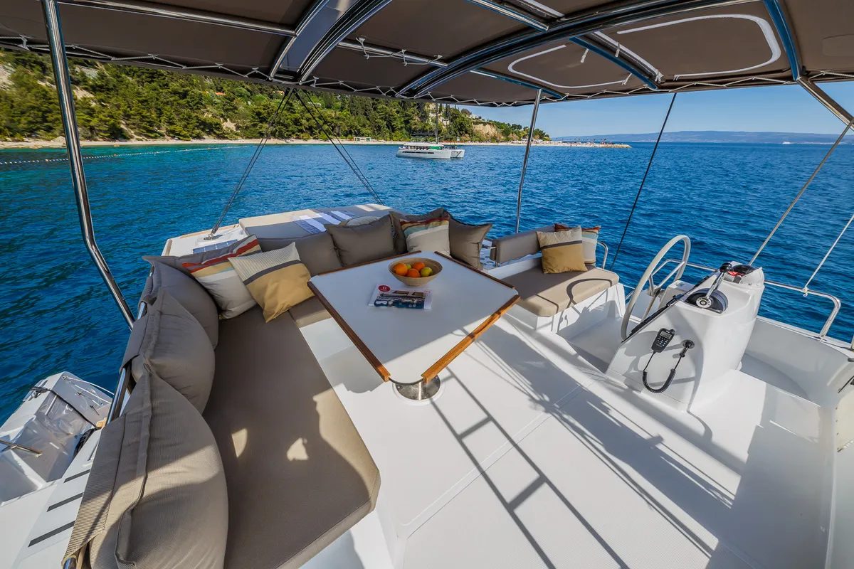 Cockpit of Nouvelle Lune, a Bali 4.6 catamaran at Dubrovnik, Croatia