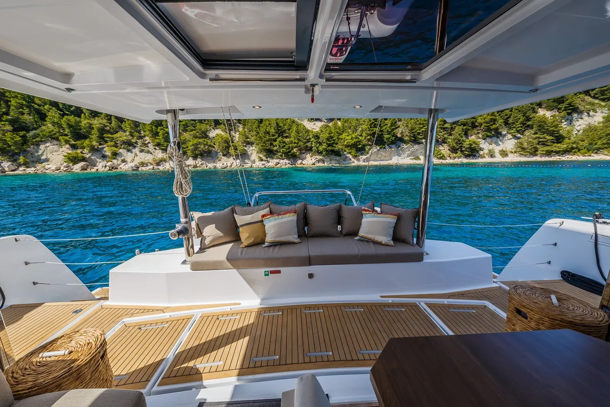 Deck of Nouvelle Lune, a Bali 4.6 catamaran at Dubrovnik, Croatia