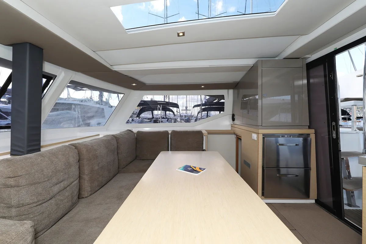 Salon of Why Not, a Fountaine Pajot Lucia 40 catamaran at Grad Trogir, Croatia