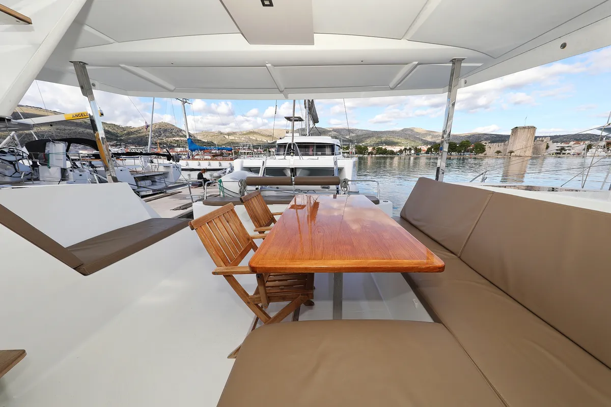 Deck of Why Not, a Fountaine Pajot Lucia 40 catamaran at Grad Trogir, Croatia