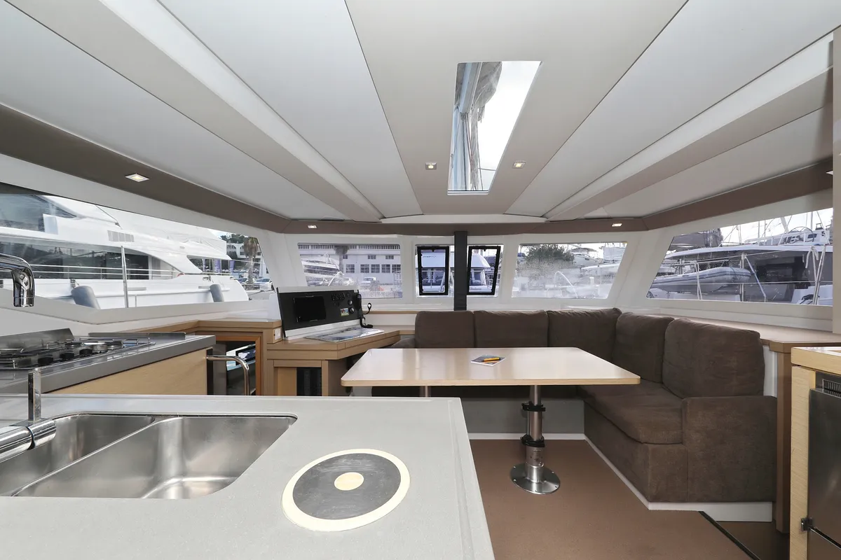 Salon of Why Not, a Fountaine Pajot Lucia 40 catamaran at Grad Trogir, Croatia