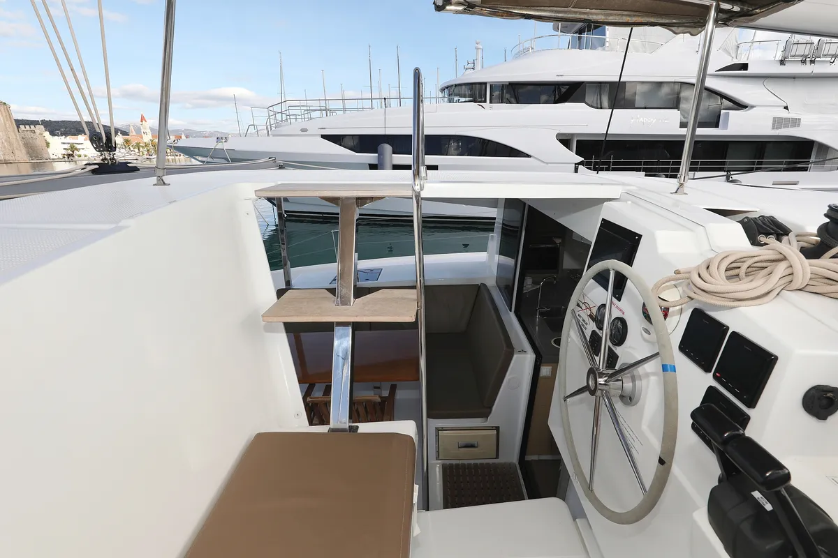 Cockpit of Why Not, a Fountaine Pajot Lucia 40 catamaran at Grad Trogir, Croatia