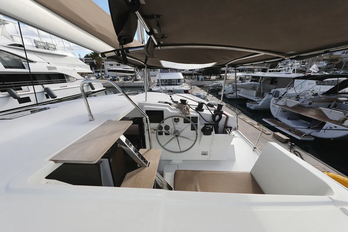 Cockpit of Why Not, a Fountaine Pajot Lucia 40 catamaran at Grad Trogir, Croatia