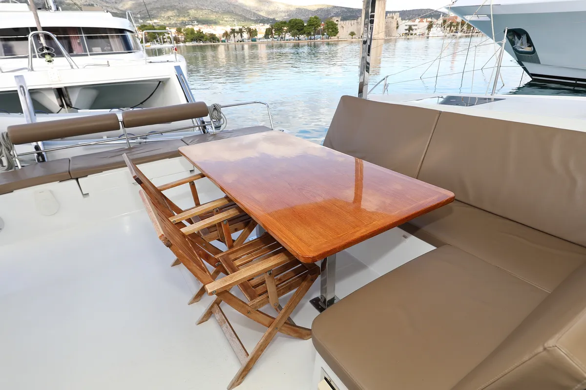 Deck of Why Not, a Fountaine Pajot Lucia 40 catamaran at Grad Trogir, Croatia