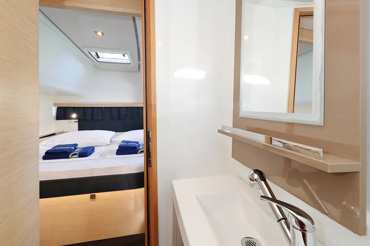 Head on Why Not, a Fountaine Pajot Lucia 40 catamaran at Grad Trogir, Croatia