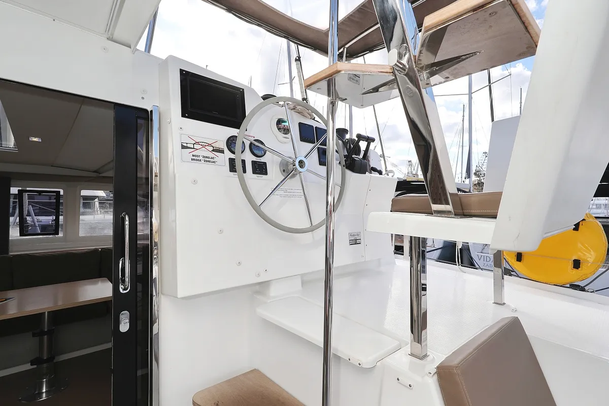 Cockpit of Why Not, a Fountaine Pajot Lucia 40 catamaran at Grad Trogir, Croatia