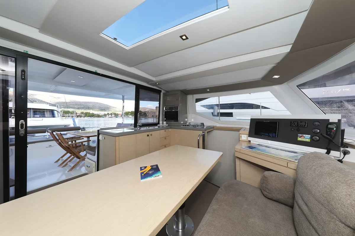 Salon of Why Not, a Fountaine Pajot Lucia 40 catamaran at Grad Trogir, Croatia