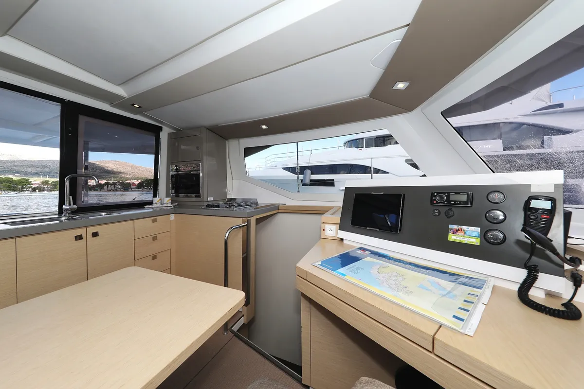 Salon of Why Not, a Fountaine Pajot Lucia 40 catamaran at Grad Trogir, Croatia