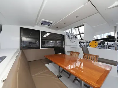 Salon of Why Not, a Fountaine Pajot Lucia 40 catamaran at Grad Trogir, Croatia