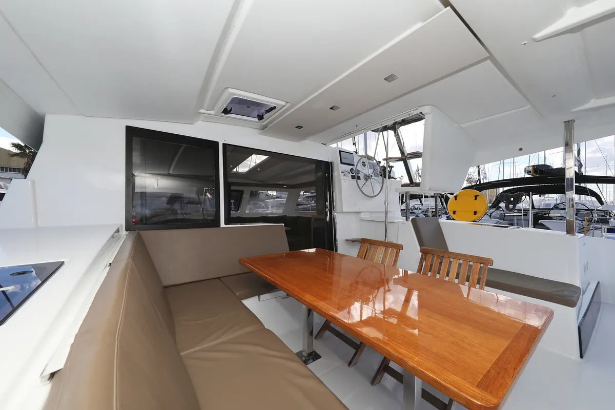 Salon of Why Not, a Fountaine Pajot Lucia 40 catamaran at Grad Trogir, Croatia