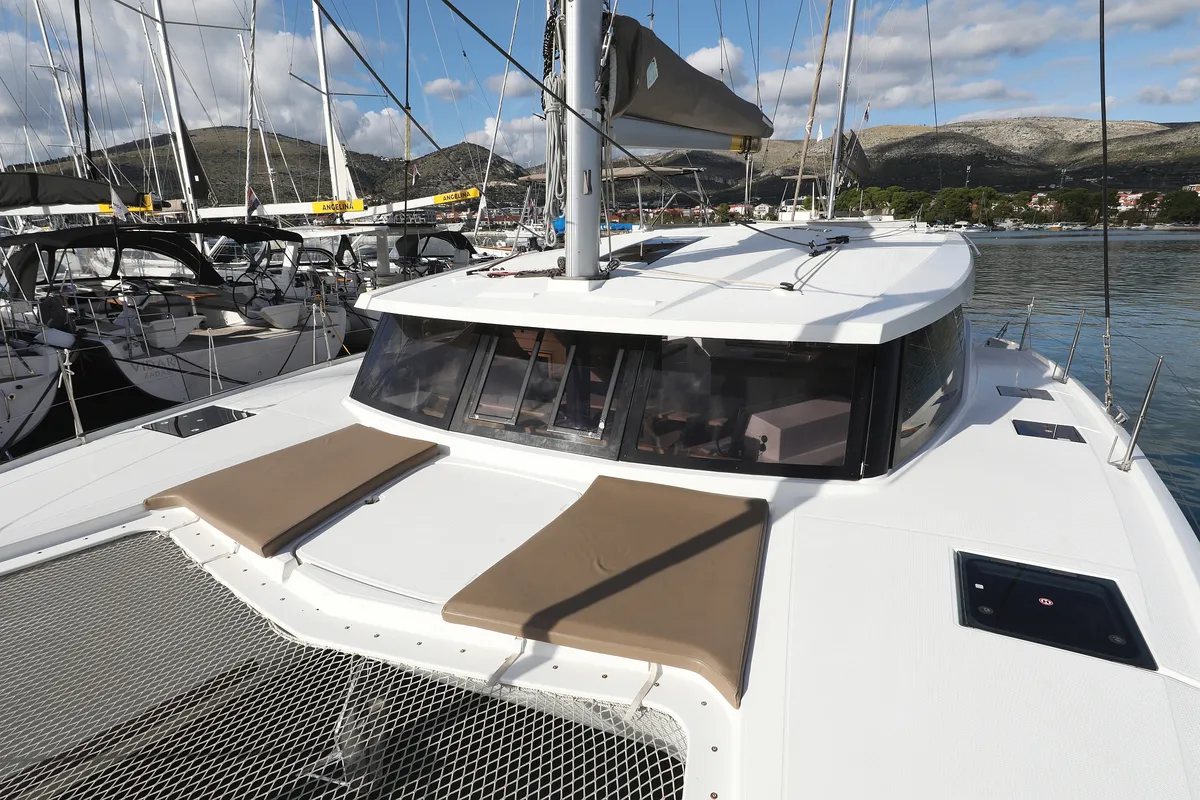 Exterior view of Why Not, a Fountaine Pajot Lucia 40 catamaran at Grad Trogir, Croatia