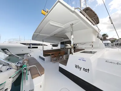 Deck of Why Not, a Fountaine Pajot Lucia 40 catamaran at Grad Trogir, Croatia