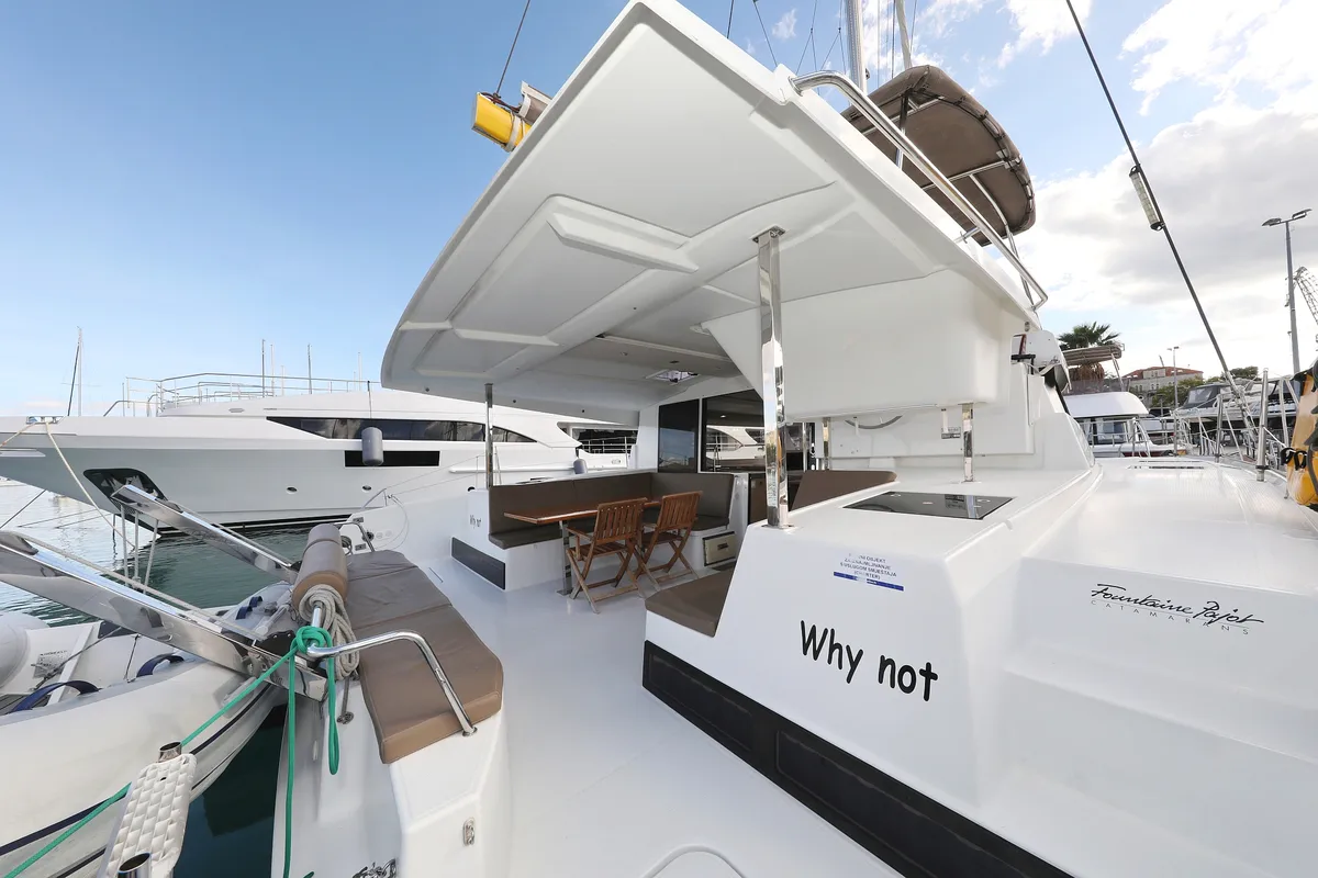 Deck of Why Not, a Fountaine Pajot Lucia 40 catamaran at Grad Trogir, Croatia