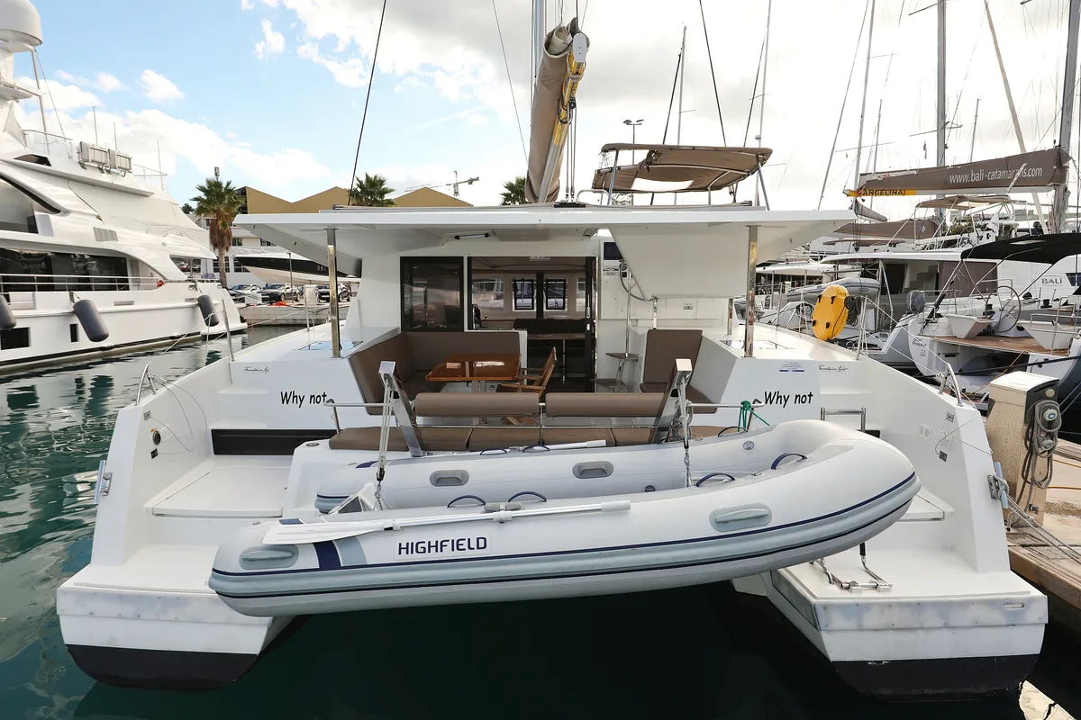 Exterior view of Why Not, a Fountaine Pajot Lucia 40 catamaran at Grad Trogir, Croatia