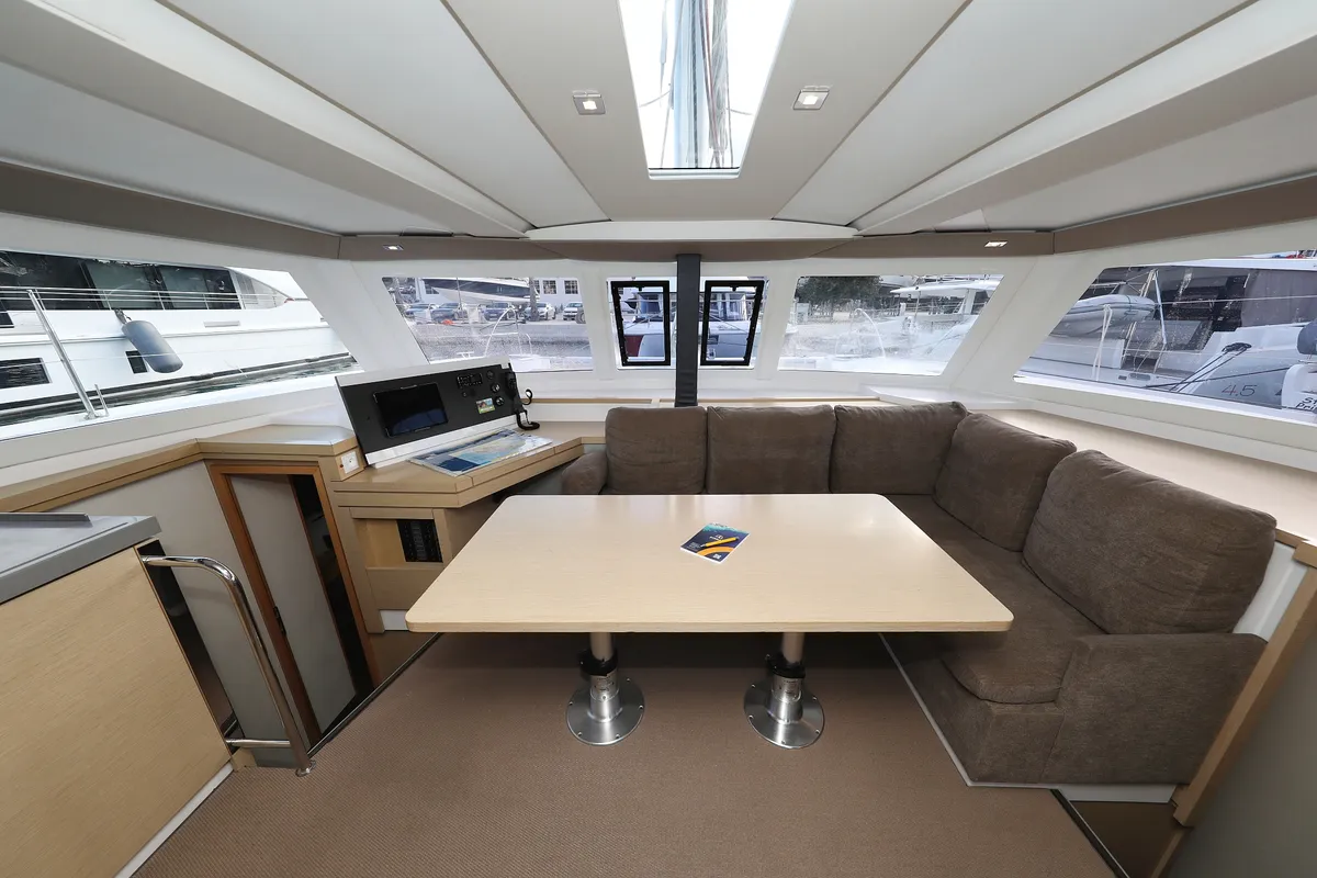 Salon of Why Not, a Fountaine Pajot Lucia 40 catamaran at Grad Trogir, Croatia