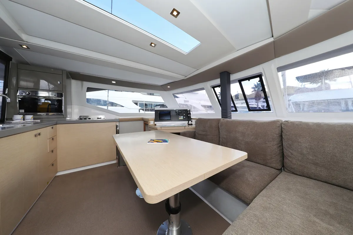 Salon of Why Not, a Fountaine Pajot Lucia 40 catamaran at Grad Trogir, Croatia