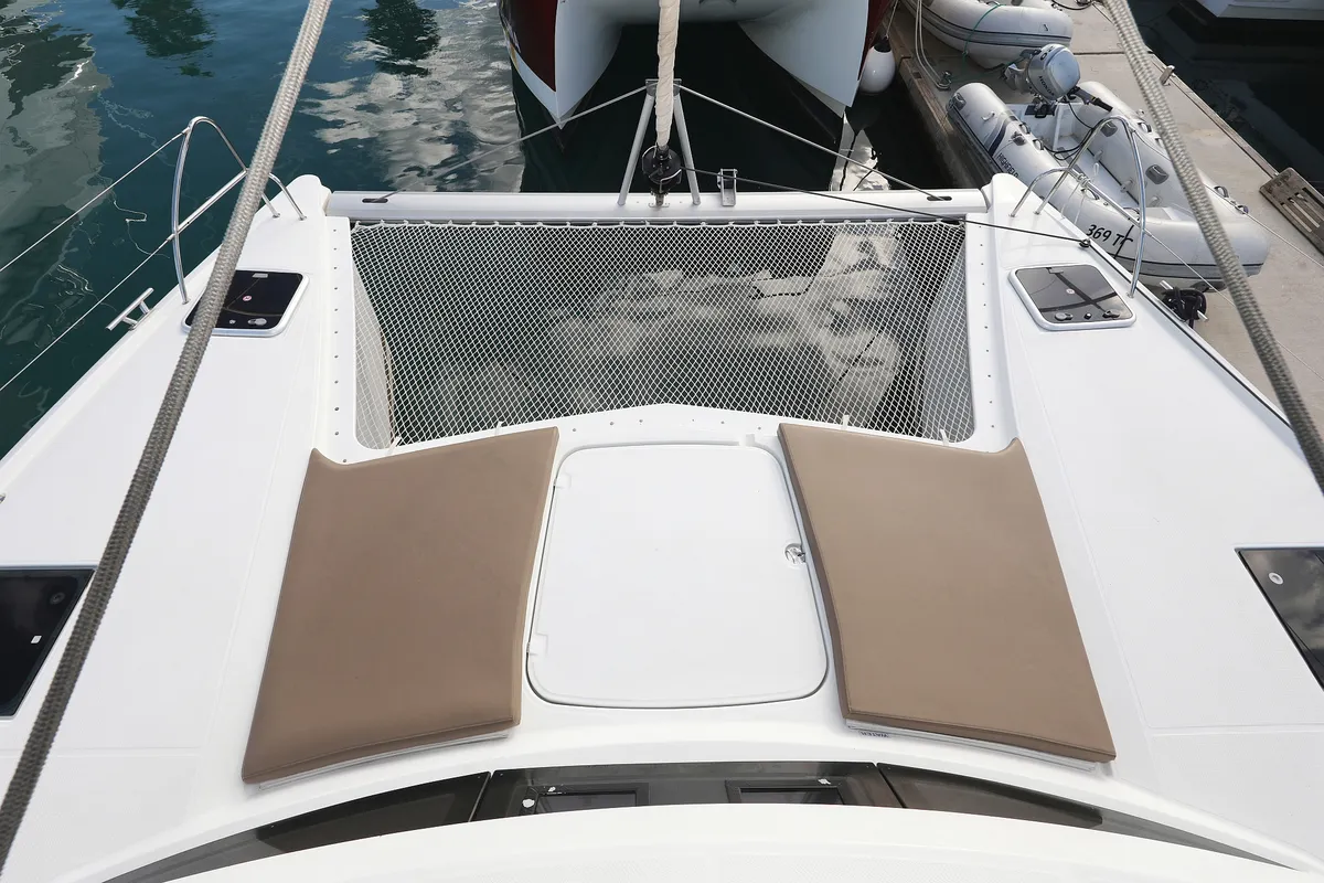 Deck of Why Not, a Fountaine Pajot Lucia 40 catamaran at Grad Trogir, Croatia
