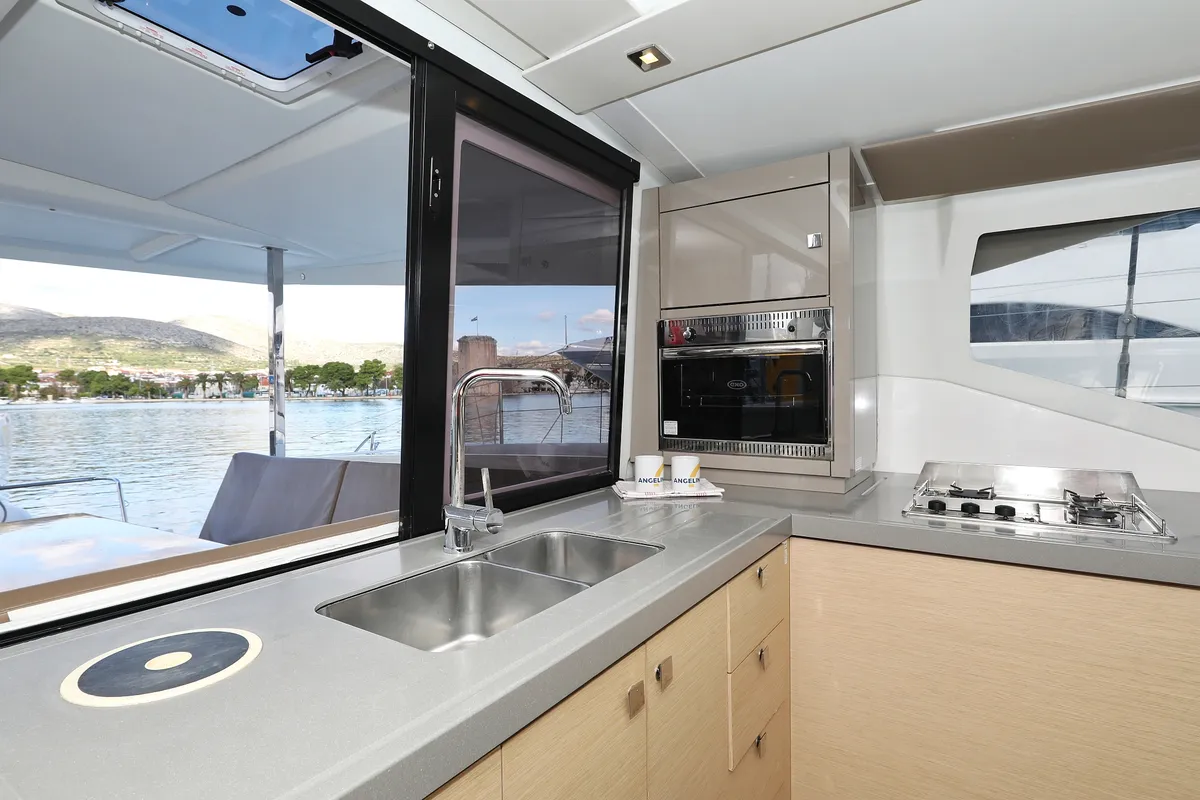Galley of Why Not, a Fountaine Pajot Lucia 40 catamaran at Grad Trogir, Croatia